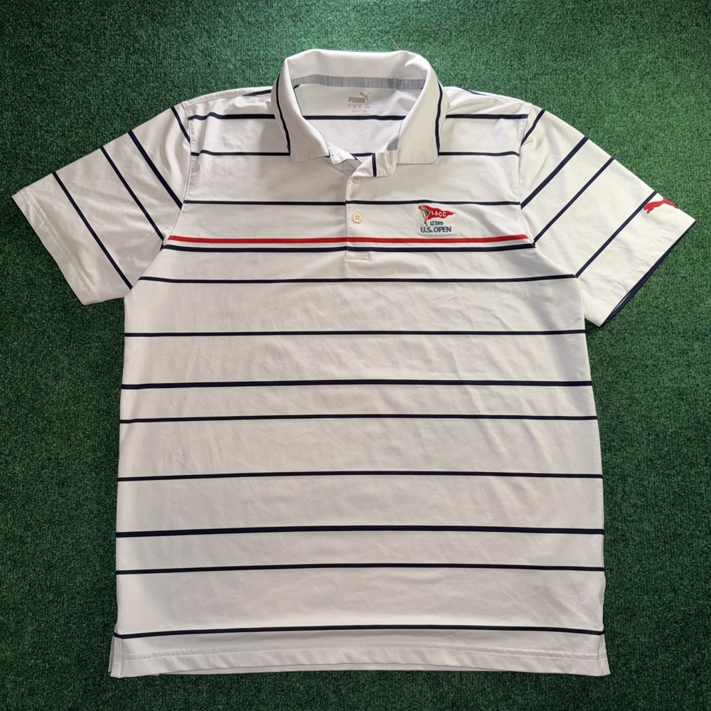 Puma LACC 123rd U.S. Open Polo Men's Large White Blue Stripe Shirt